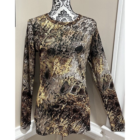 Y2K Mob Wife Look Sheer Reptile Print Mesh Top Long Sleeve Old Money Large - Picture 1 of 10